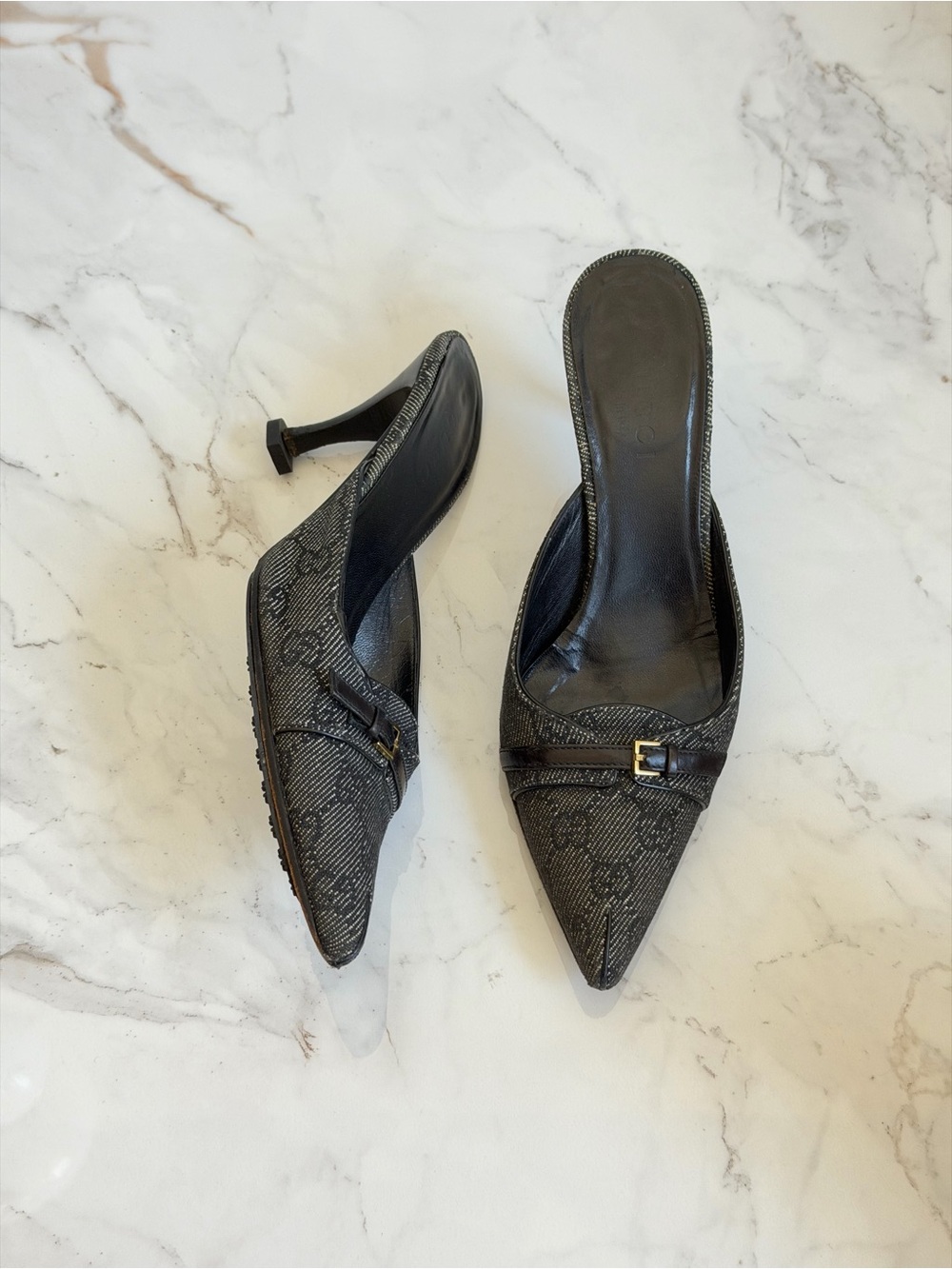 Rare Vintage Gucci Tom Ford GG Monogram Gold Buckle Pointed Toe Mule Heels